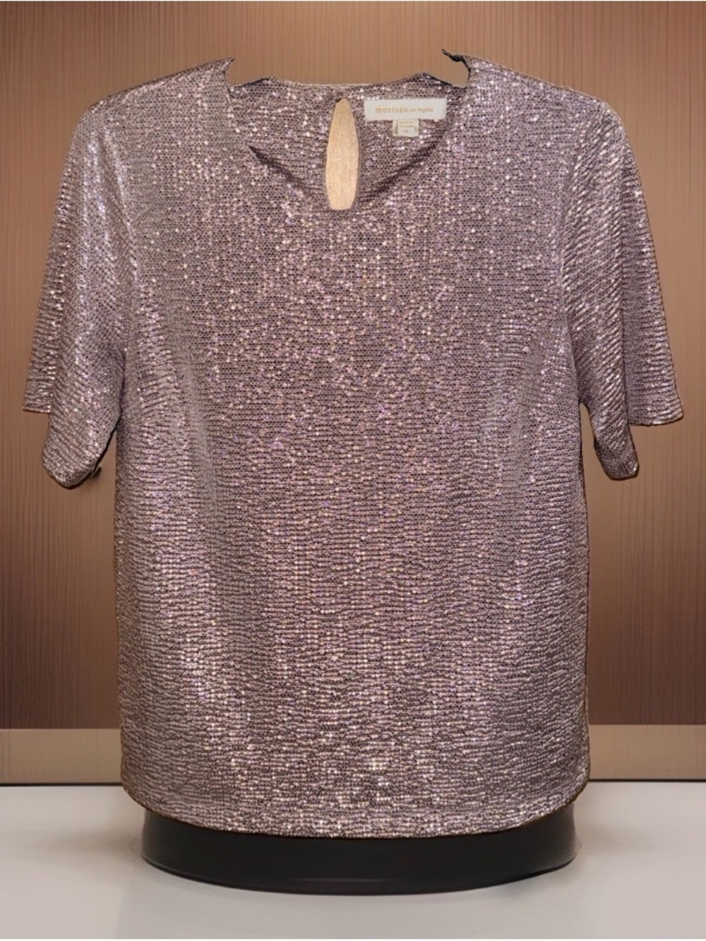 Monteau Women’s Textured Metallic Silver Short-Sleeve Top-M-EC